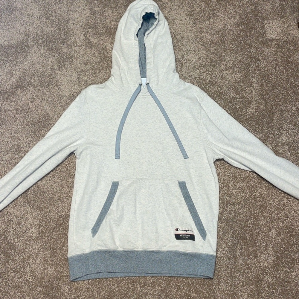 Champion White Drawstring Cotton Blend Pocket Hoodie Sweatshirt